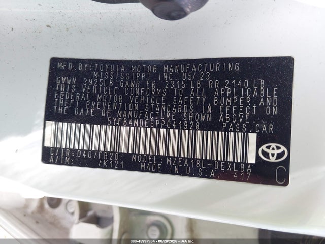 Продажа на аукционе авто 2023 Toyota Corolla Le, vin: 5YFB4MDE5PP041928, номер лота: 45997934