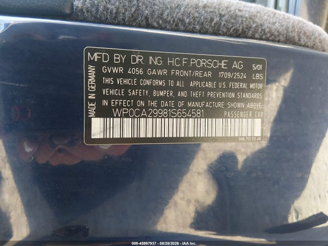 Aukcja sprzedaży 2001 Porsche 911 Carrera/carrera 4, vin: WP0CA29981S654581, numer aukcji: 45997937