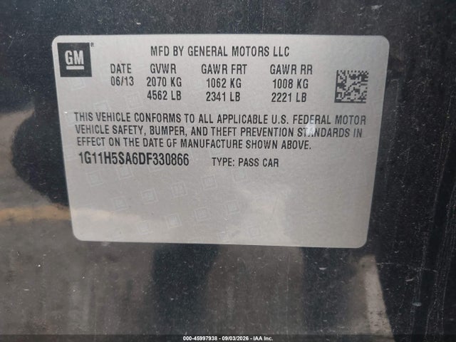 Aukcja sprzedaży 2013 Chevrolet Malibu 1lz, vin: 1G11H5SA6DF330866, numer aukcji: 45997938