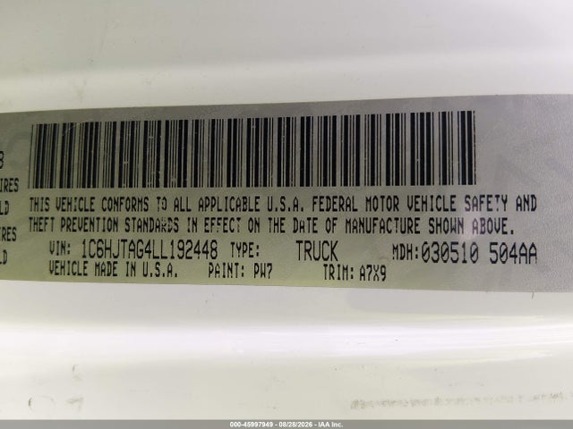 45997949 :رقم المزاد ، 1C6HJTAG4LL192448 vin ، 2020 Jeep Gladiator Sport S 4x4 مزاد بيع