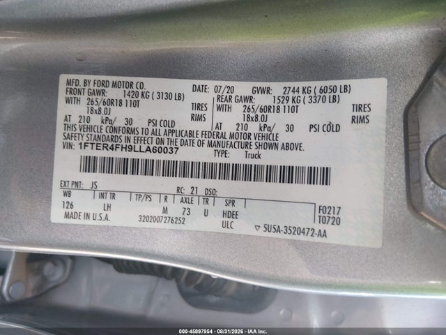45997954 :رقم المزاد ، 1FTER4FH9LLA60037 vin ، 2020 Ford Ranger Xlt مزاد بيع