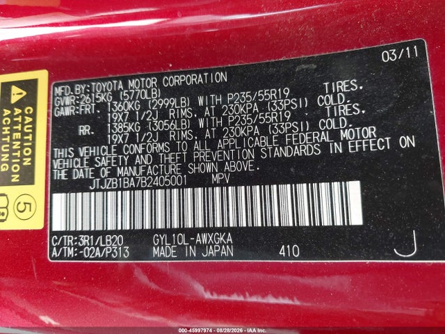 45997974 :رقم المزاد ، JTJZB1BA7B2405001 vin ، 2011 Lexus Rx 450h مزاد بيع