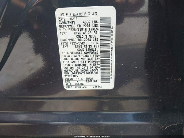 2011 Nissan Rogue Sv მანქანა იყიდება აუქციონზე, vin: JN8AS5MT8BW185502, აუქციონის ნომერი: 45997979