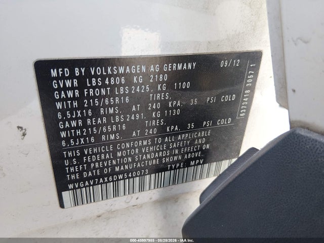 2013 Volkswagen Tiguan S მანქანა იყიდება აუქციონზე, vin: WVGAV7AX6DW540073, აუქციონის ნომერი: 45997985