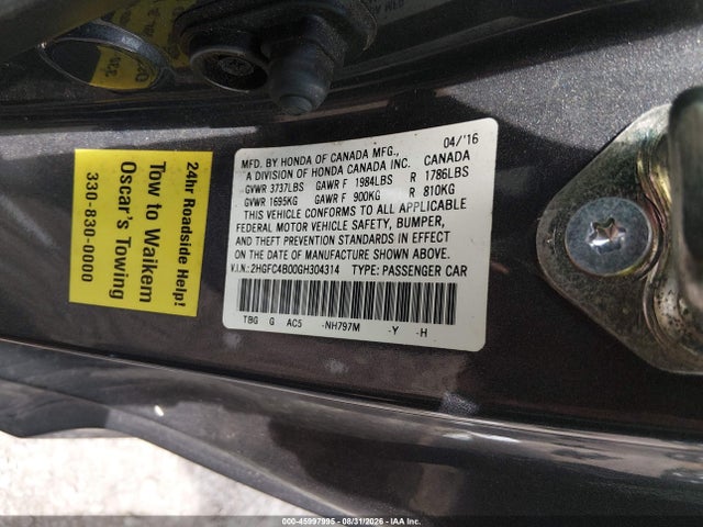 Продаж на аукціоні авто 2016 Honda Civic Lx-p, vin: 2HGFC4B00GH304314, номер лоту: 45997995
