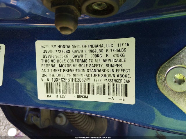 2017 Honda Civic Lx მანქანა იყიდება აუქციონზე, vin: 19XFC2F51HE208245, აუქციონის ნომერი: 45998000