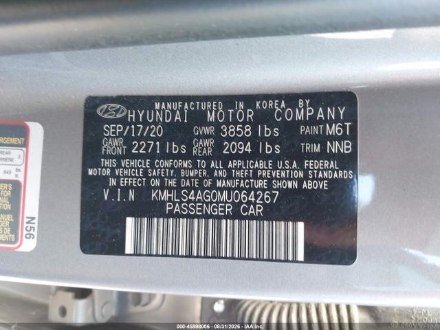 45998006 :رقم المزاد ، KMHLS4AG0MU064267 vin ، 2021 Hyundai Elantra Sel مزاد بيع
