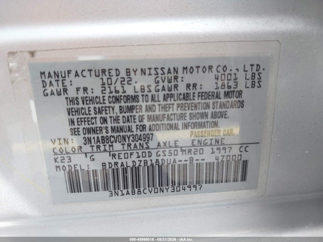 45998016 :رقم المزاد ، 3N1AB8CV0NY304997 vin ، 2022 Nissan Sentra Sv Xtronic Cvt مزاد بيع