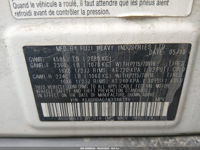 45998024 :رقم المزاد ، 4S4BRBAC7A3386186 vin ، 2010 Subaru Outback 2.5i مزاد بيع