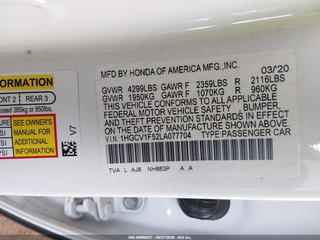Продажа на аукционе авто 2020 Honda Accord Ex-l, vin: 1HGCV1F52LA077704, номер лота: 45998027