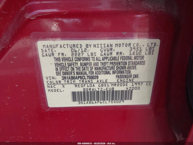 Aukcja sprzedaży 2012 Nissan Sentra 2.0 S, vin: 3N1AB6AP6CL755029, numer aukcji: 45998033