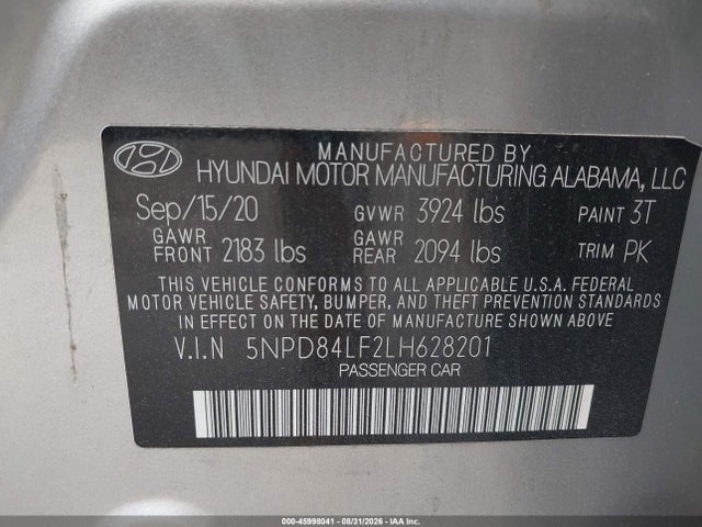 Aukcja sprzedaży 2020 Hyundai Elantra Sel, vin: 5NPD84LF2LH628201, numer aukcji: 45998041