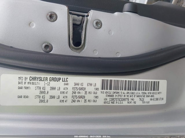 45998042 :رقم المزاد ، 1C6RD7GT6CS209778 vin ، 2012 Ram 1500 Big Horn مزاد بيع