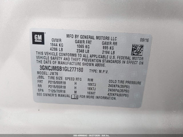 Продаж на аукціоні авто 2016 Chevrolet Trax Ltz, vin: 3GNCJMSB1GL277180, номер лоту: 45998043