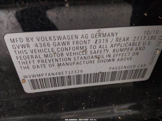 2011 Volkswagen Cc Sport მანქანა იყიდება აუქციონზე, vin: WVWMP7AN4BE732329, აუქციონის ნომერი: 45998054