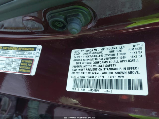45998061 :رقم المزاد ، 7FARW1H54KE010759 vin ، 2019 Honda Cr-v Ex مزاد بيع