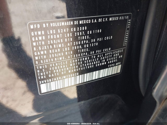 45998064 :رقم المزاد ، 3VV3B7AX8JM139028 vin ، 2018 Volkswagen Tiguan 2.0t Se/2.0t Sel مزاد بيع