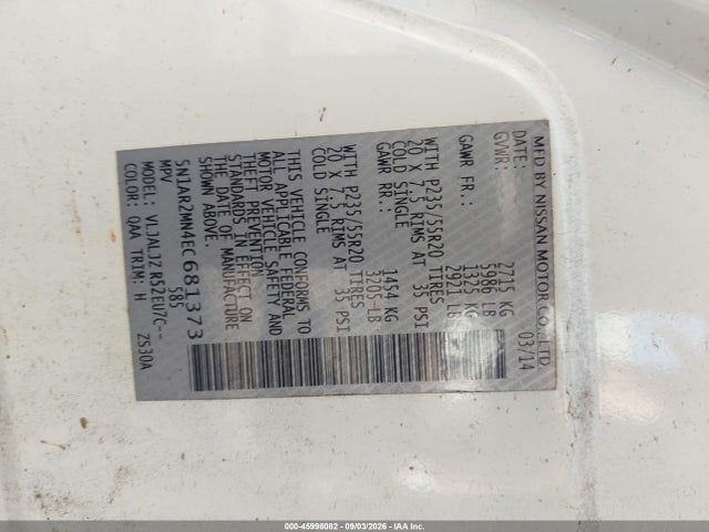 2014 Nissan Pathfinder Platinum მანქანა იყიდება აუქციონზე, vin: 5N1AR2MN4EC681373, აუქციონის ნომერი: 45998082