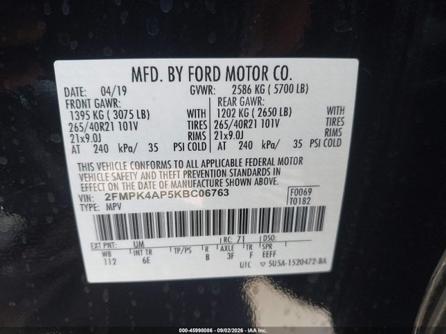 Aukcja sprzedaży 2019 Ford Edge St, vin: 2FMPK4AP5KBC06763, numer aukcji: 45998086