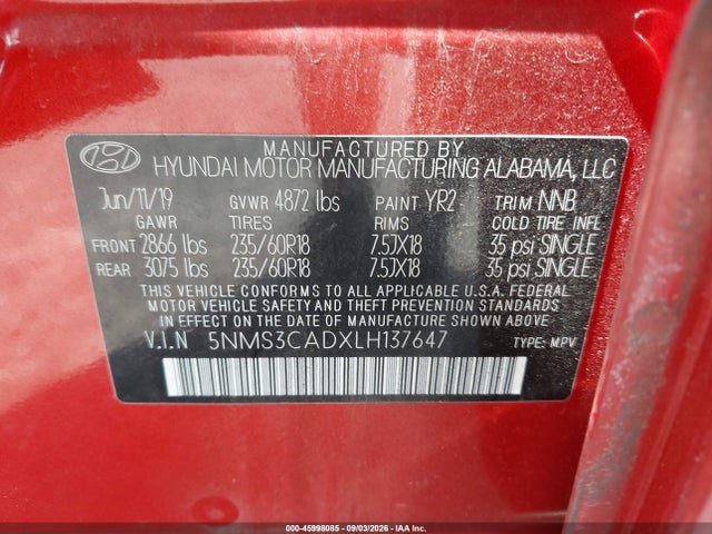 45998085 :رقم المزاد ، 5NMS3CADXLH137647 vin ، 2020 Hyundai Santa Fe Sel مزاد بيع