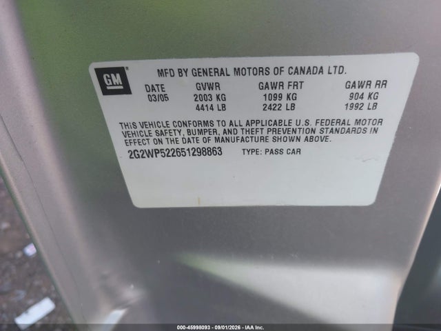 2005 Pontiac Grand Prix მანქანა იყიდება აუქციონზე, vin: 2G2WP522651298863, აუქციონის ნომერი: 45998093