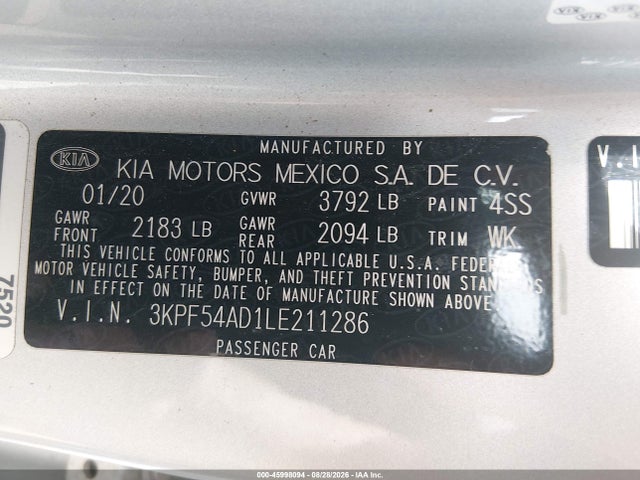 Aukcja sprzedaży 2020 Kia Forte Ex, vin: 3KPF54AD1LE211286, numer aukcji: 45998094