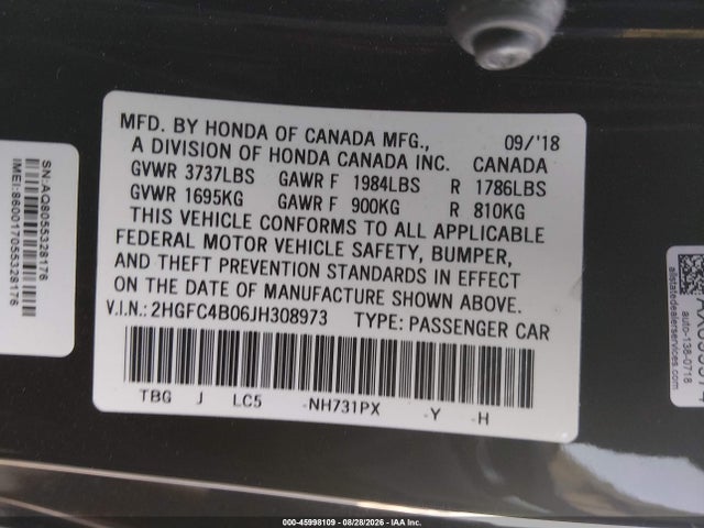 Honda Civic Lx-p 2018 2HGFC4B06JH308973 Image 9