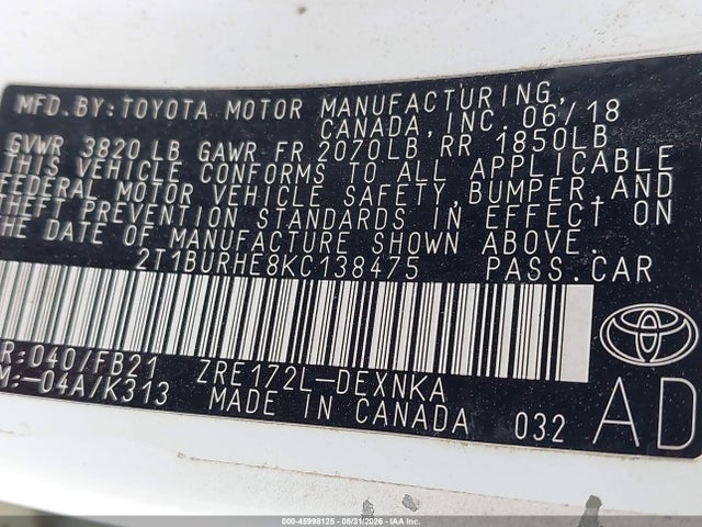 Продаж на аукціоні авто 2019 Toyota Corolla Le, vin: 2T1BURHE8KC138475, номер лоту: 45998125