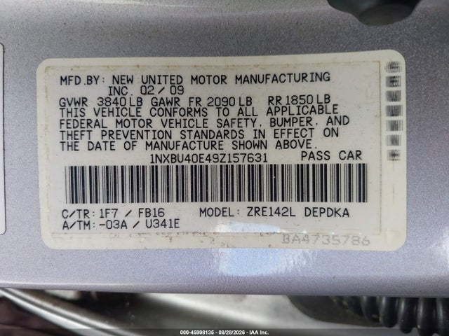 Aukcja sprzedaży 2009 Toyota Corolla Le, vin: 1NXBU40E49Z157631, numer aukcji: 45998135