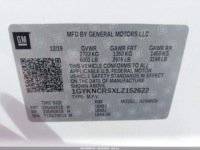 45998136 :رقم المزاد ، 1GYKNCRSXLZ152622 vin ، 2020 Cadillac Xt5 Fwd Premium Luxury مزاد بيع