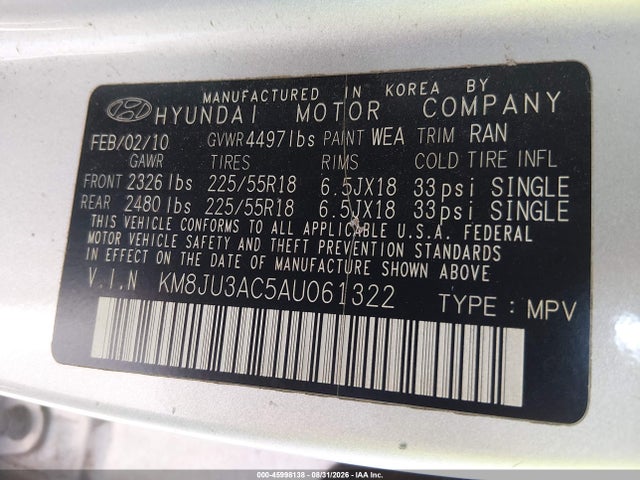 45998138 :رقم المزاد ، KM8JU3AC5AU061322 vin ، 2010 Hyundai Tucson Limited مزاد بيع
