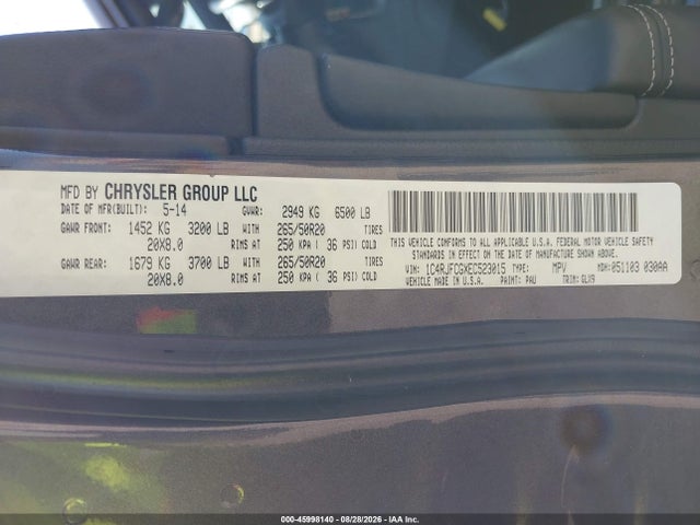 2014 Jeep Grand Cherokee Overland მანქანა იყიდება აუქციონზე, vin: 1C4RJFCGXEC523015, აუქციონის ნომერი: 45998140