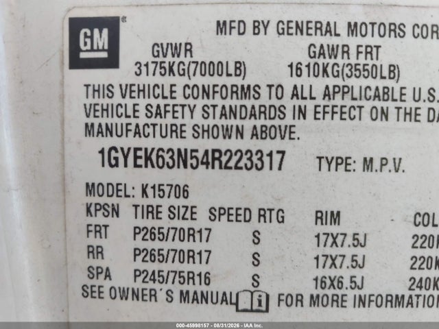 Aukcja sprzedaży 2004 Cadillac Escalade Standard, vin: 1GYEK63N54R223317, numer aukcji: 45998157