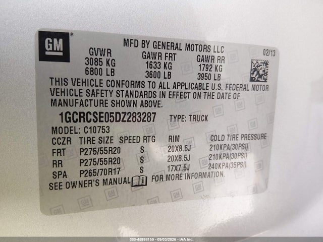 2013 Chevrolet Silverado 1500 Lt მანქანა იყიდება აუქციონზე, vin: 1GCRCSE05DZ283287, აუქციონის ნომერი: 45998159