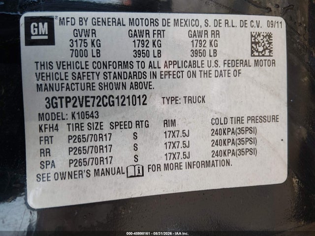 Продаж на аукціоні авто 2012 Gmc Sierra 1500 Sle, vin: 3GTP2VE72CG121012, номер лоту: 45998161