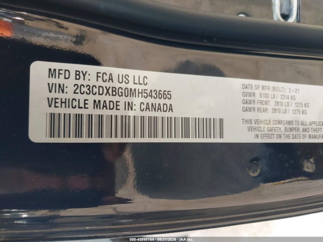 Aukcja sprzedaży 2021 Dodge Charger Sxt Rwd, vin: 2C3CDXBG0MH543665, numer aukcji: 45998164