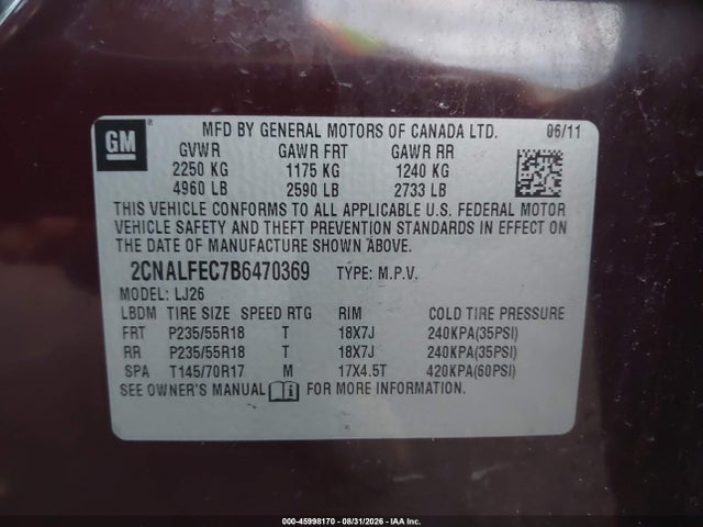 2011 Chevrolet Equinox Ltz მანქანა იყიდება აუქციონზე, vin: 2CNALFEC7B6470369, აუქციონის ნომერი: 45998170