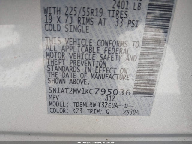 2019 Nissan Rogue Sl მანქანა იყიდება აუქციონზე, vin: 5N1AT2MV1KC795036, აუქციონის ნომერი: 45998171