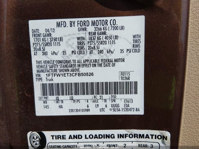 Продаж на аукціоні авто 2012 Ford F-150 Lariat, vin: 1FTFW1ET3CFB50526, номер лоту: 45998172