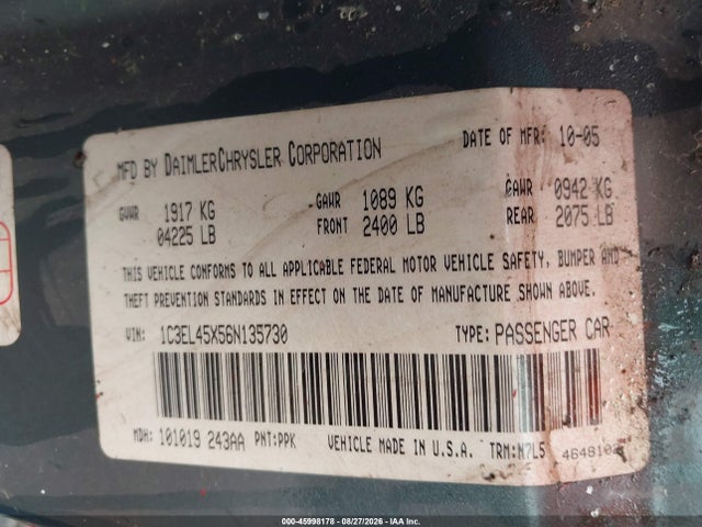 45998178 :رقم المزاد ، 1C3EL45X56N135730 vin ، 2006 Chrysler Sebring مزاد بيع