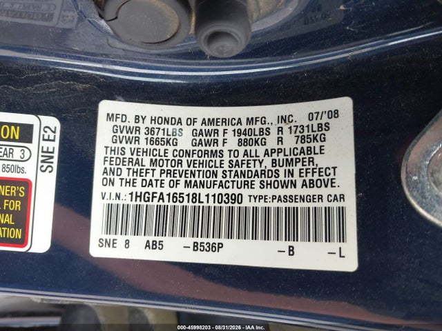 Продажа на аукционе авто 2008 Honda Civic Lx, vin: 1HGFA16518L110390, номер лота: 45998203