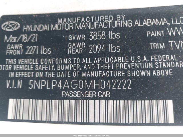 Продаж на аукціоні авто 2021 Hyundai Elantra Limited, vin: 5NPLP4AG0MH042222, номер лоту: 45998212