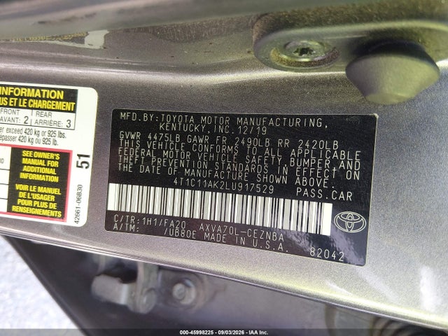Продажа на аукционе авто 2020 Toyota Camry Le, vin: 4T1C11AK2LU917529, номер лота: 45998225