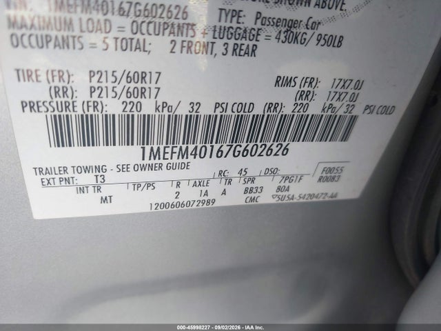 Aukcja sprzedaży 2007 Mercury Montego Luxury, vin: 1MEFM40167G602626, numer aukcji: 45998227