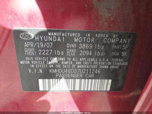 Продажа на аукционе авто 2007 Hyundai Elantra Gls/limited/se, vin: KMHDU46D37U211246, номер лота: 45998234