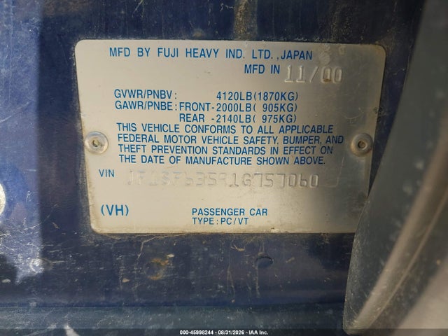 Продаж на аукціоні авто 2001 Subaru Forester L, vin: JF1SF63591G757060, номер лоту: 45998244