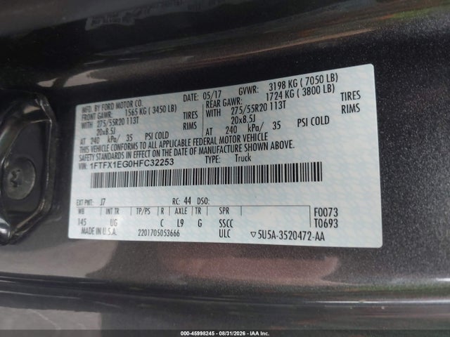 45998245 :رقم المزاد ، 1FTFX1EG0HFC32253 vin ، 2017 Ford F-150 Xlt مزاد بيع