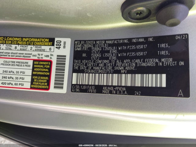 Aukcja sprzedaży 2021 Toyota Sienna Le, vin: 5TDKRKEC0MS037517, numer aukcji: 45998256