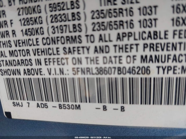 Aukcja sprzedaży 2007 Honda Odyssey Ex-l, vin: 5FNRL38607B046206, numer aukcji: 45998259