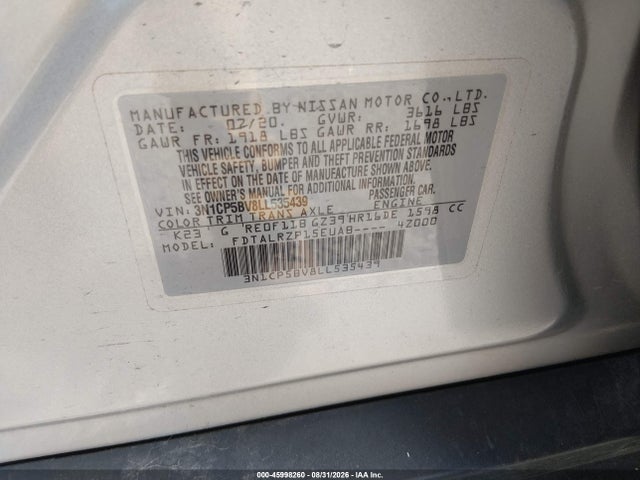 2020 Nissan Kicks S Xtronic Cvt მანქანა იყიდება აუქციონზე, vin: 3N1CP5BV8LL535439, აუქციონის ნომერი: 45998260